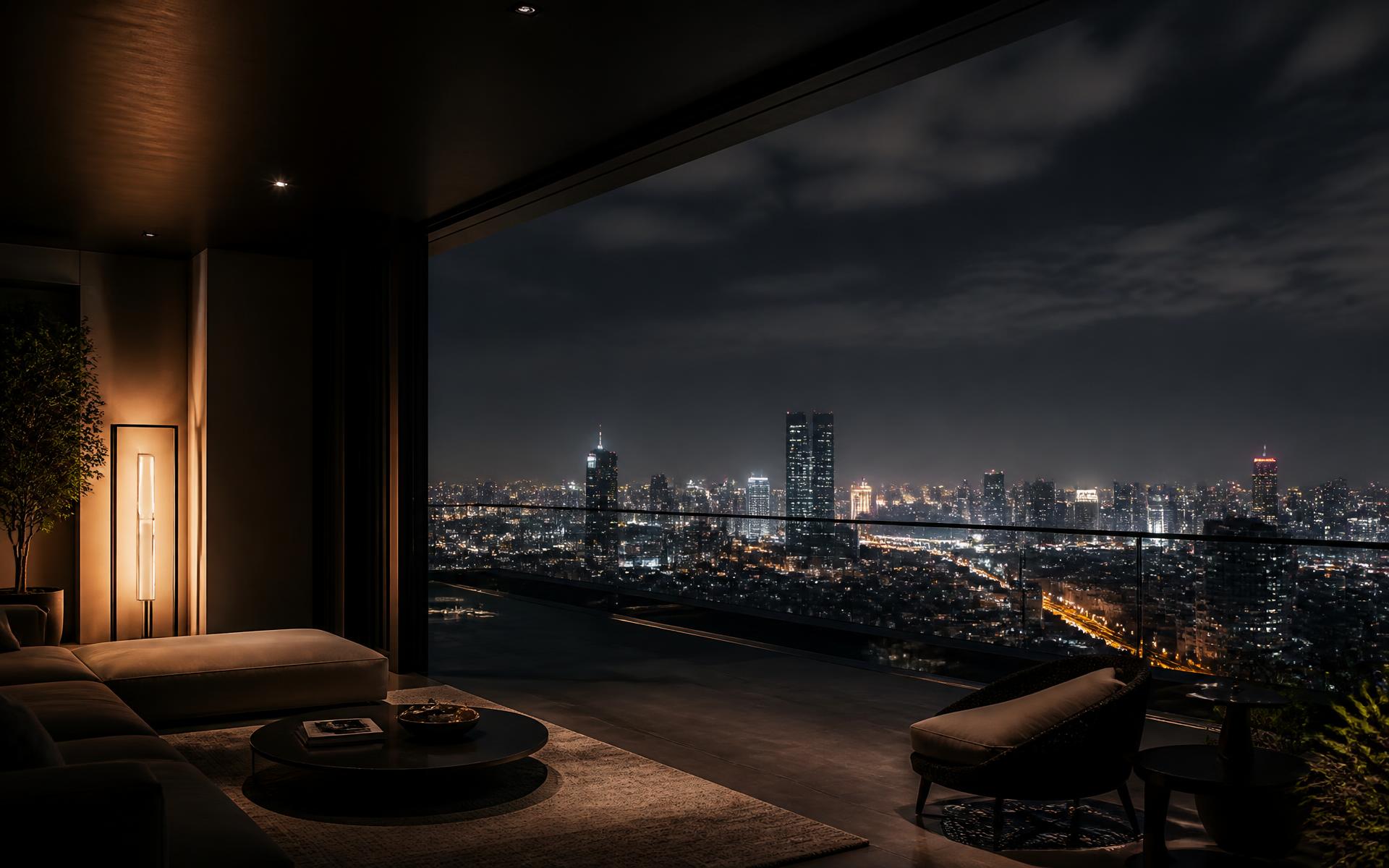 Terasă de apartament de lux cu priveliște nocturnă asupra orașului