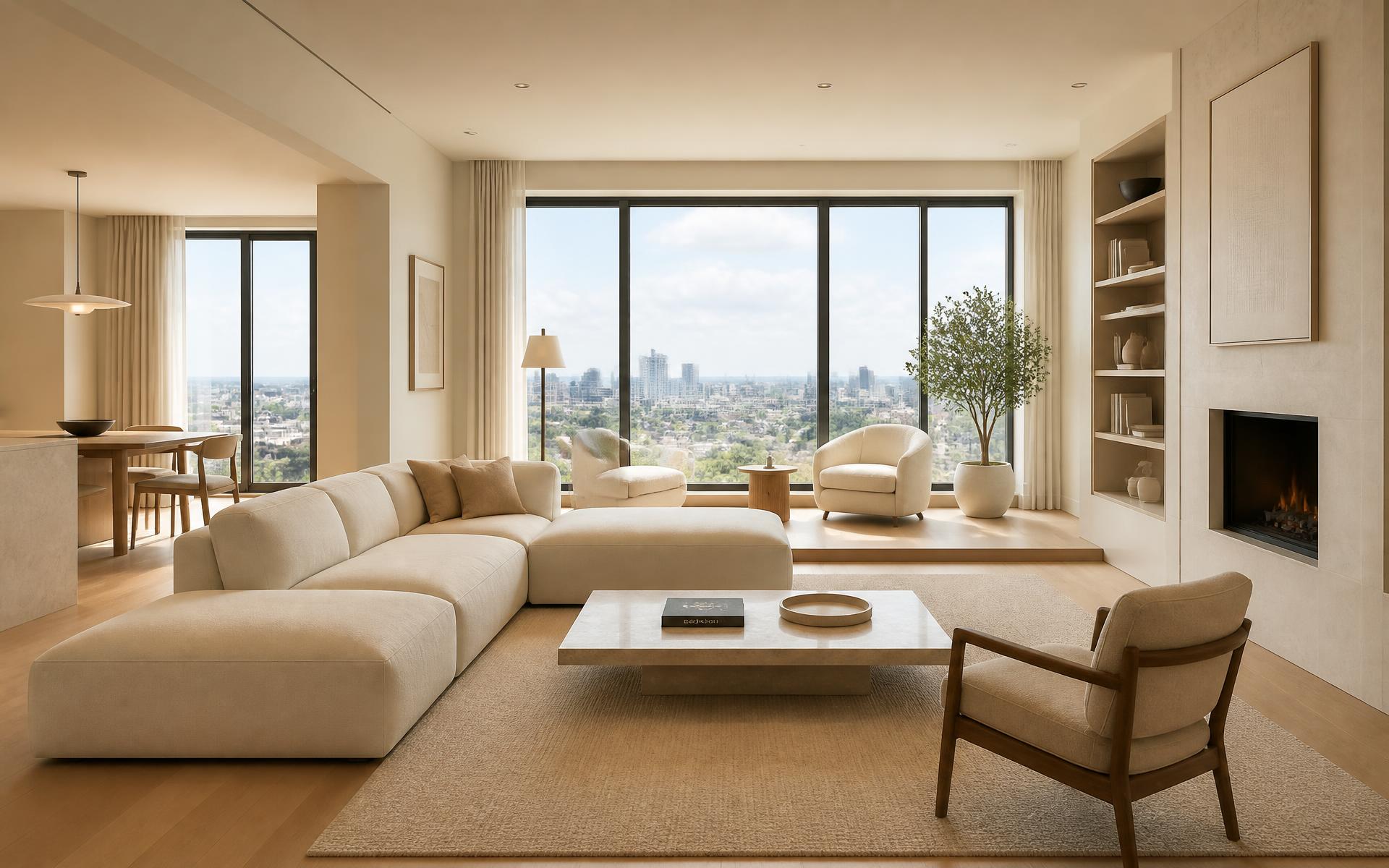 Living minimalist într-un apartament premium