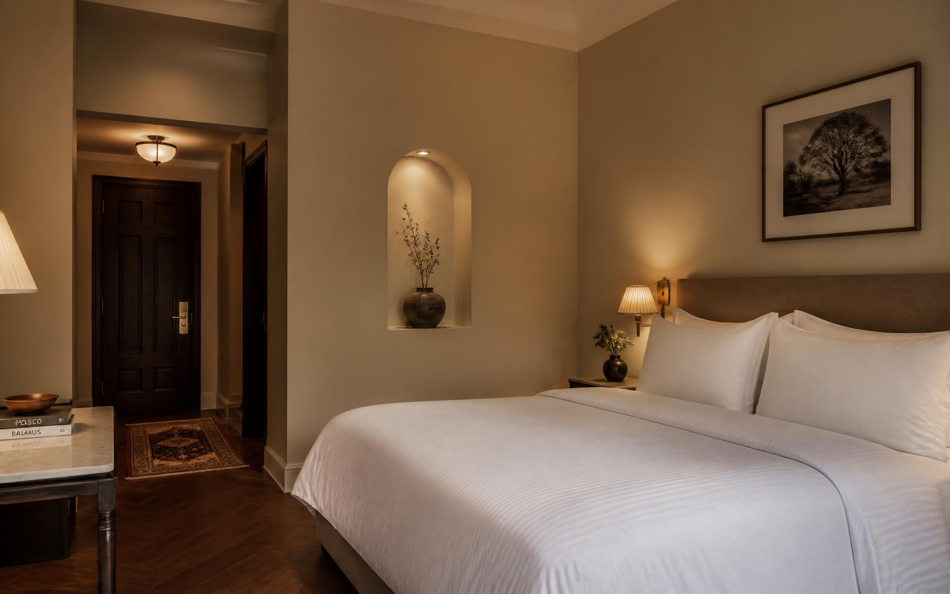 Dormitor în stil boutique hotel, pregătit pentru oaspeți
